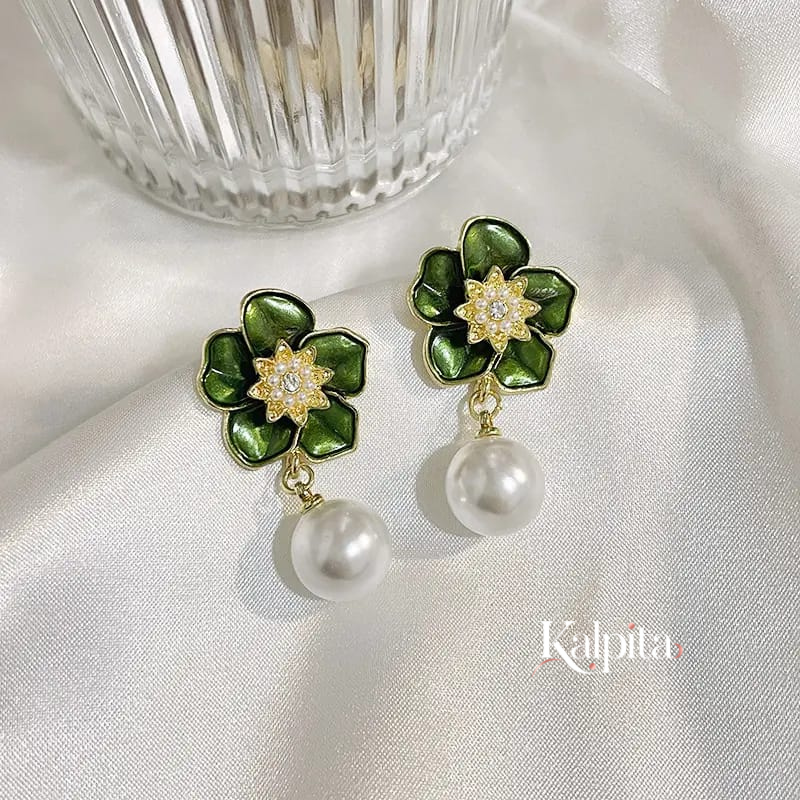 Floral Enamel Pearl Drop Earrings