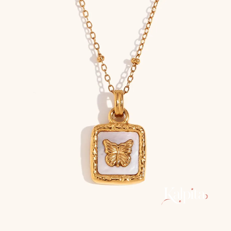 Butterfly Studded In Shell Square Pendent